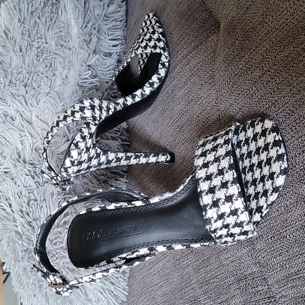 Asos strappy plaid heels.
